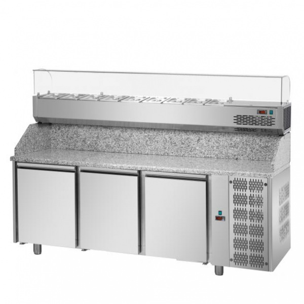 BANCO PIZZA 3 PORTE CON PIANO IN GRANITO E VETRINA REFRIGERATA INGREDIENTI - Dimensioni 216x80 cm