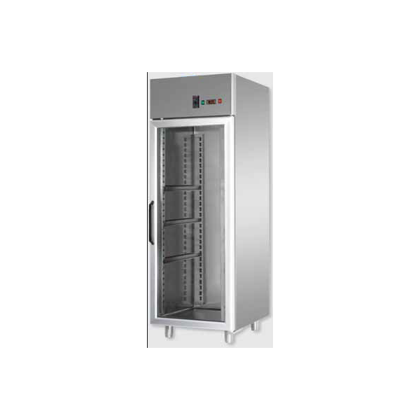 ARMOIRE RÉFRIGÉRÉE MONOBLOC EN ACIER INOXYDABLE À TEMPÉRATURE NORMALE AVEC PORTE VITRÉE ET ÉCLAIRAGE INTÉRIEUR AU NÉON POUR PLATEAUX 60x40 cm - Température 0 / 10 C