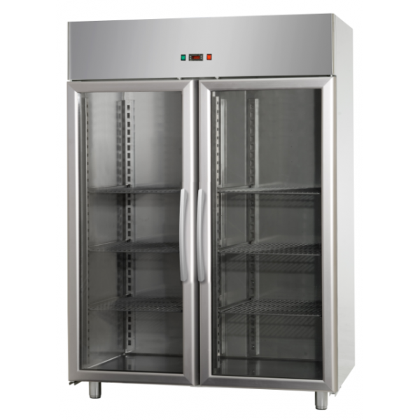 ARMADIO REFRIGERATO GN 2/1 MONOBLOCCO IN ACCIAIO INOX CON 2 PORTE IN VETRO E 1 LUCE NEON INTERNA - Temperatura 0 / 10 C