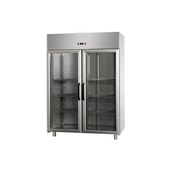 ARMOIRE RÉFRIGÉRÉE MONOBLOC EN ACIER INOXYDABLE AVEC 2 PORTES VITRÉES ET 1 ÉCLAIRAGE INTÉRIEUR AU NÉON POUR PLATEAUX 60x40 cm - Température -18 / -22 C