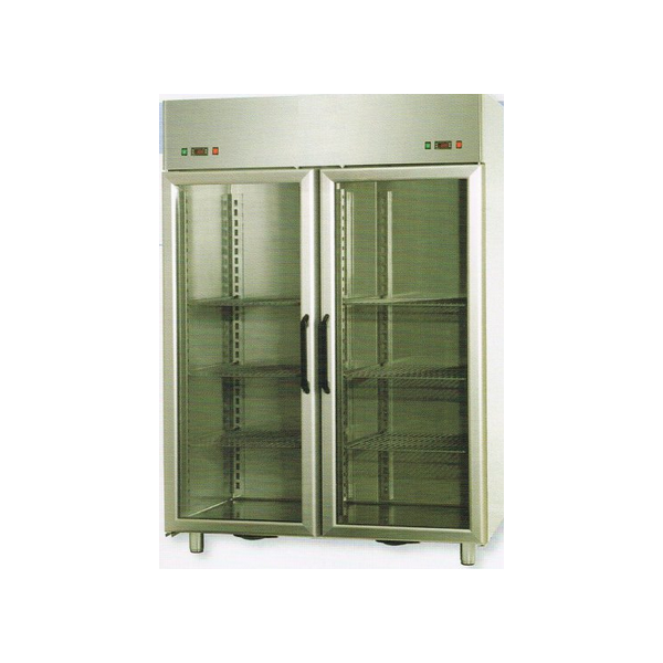 ARMADIO COMBINATO REFRIGERATO GN 2/1 IN ACCIAIO INOX A DOPPIA TEMPERATURA CON 2 PORTE IN VETRO E 2 LUCI NEON INTERNE - Temperatura -18 / -22 C