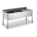 LAVATOIO INOX 2 VASCHE + GOCCIOLATOIO CON BASAMENTO SU GAMBE PROFONDITA\' 70 CM