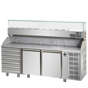 BANCO PIZZA REFRIGERATO 2 PORTE CON CASSETTIERA 6 CASSETTI NEUTRI