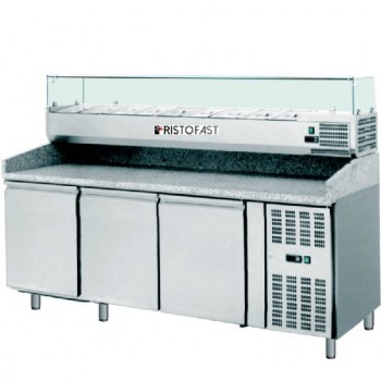 BANCO PIZZA REFRIGERATO VENTILATO 3 PORTE CON PIANO IN GRANITO E VETRINA REFRIGERATA INGREDIENTI