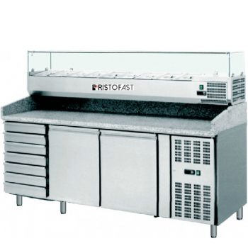 BANCO PIZZA REFRIGERATO VENTILATO 2 PORTE + 7 CASSETTI CON PIANO IN GRANITO E VETRINA REFRIGERATA INGREDIENTI