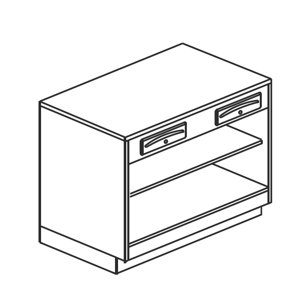 BANCO CASSA COMPLETO DI CASSETTO DI SERVIZIO E CASSETTO CON CHIAVE SU VANO A GIORNO CON RIPIANO INTERMEDIO - L.100 x H.95 cm