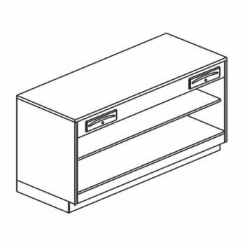 BANCO CASSA COMPLETO DI CASSETTO DI SERVIZIO E CASSETTO CON CHIAVE SU VANO A GIORNO CON RIPIANO INTERMEDIO - L.150 x H.95 cm