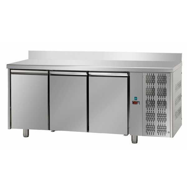 TABLE RÉFRIGÉRÉE EN INOX AVEC 3 PORTES ET DOSSIER POUR PLATEAUX 60x40 cm - D.80 cm