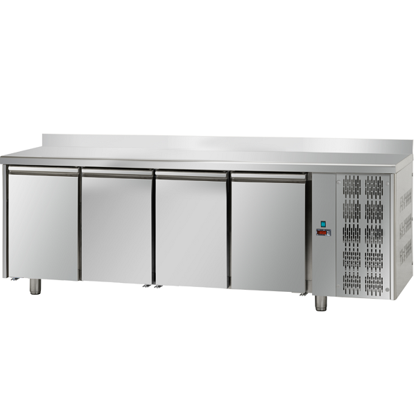 TAVOLO REFRIGERATO IN ACCIAIO INOX CON 4 PORTE E ALZATINA PER TEGLIE 60x40 cm- P.80 cm