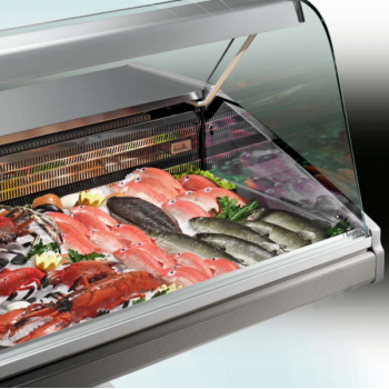 VITRINE RÉFRIGÉRÉE STATIQUE POUR POISSONNIER AVEC VERRE COURBÉ ET SUPPORT