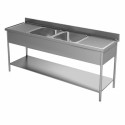 LAVATOIO INOX A GIORNO CON RIPIANO INFERIORE 2 VASCHE + 2 GOCCIOLATOI PROFONDITA\' 70 CM