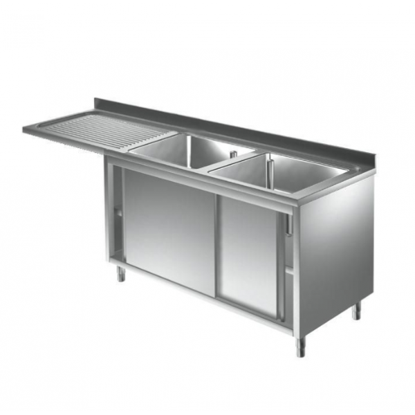 ÉVIER SUR PLACARD EN ACIER INOXYDABLE AVEC 2 CUVES ET GOUTTEUR EN PORTE-À-FAUX, PROFONDEUR 70 CM ÉVIER SUR PLACARD EN ACIER INOXYDABLE AVEC 2 CUVES ET GOUTTEUR EN PORTE-À-FAUX, PROFONDEUR 70 CM