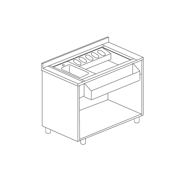 WORKSTATION PER COCKTAIL DA INCASSO CON LAVELLO SU MOBILE IN ACCIAIO INOX