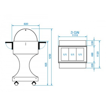 CARRELLO REFRIGERATO IN LEGNO CON CUPOLA IN PLEXIGLASS - CAPACITA\' : 3 VASCHE GN 1/1 - L.111 x P.112 x H.125 cm