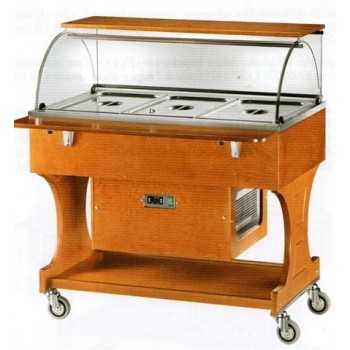 CARRELLO REFRIGERATO IN LEGNO CON CUPOLA IN PLEXIGLASS E RIPIANO SUPERIORE - CAPACITÀ: 3 VASCHE GN 1/1 - L.148 x P.90 x H.126 cm