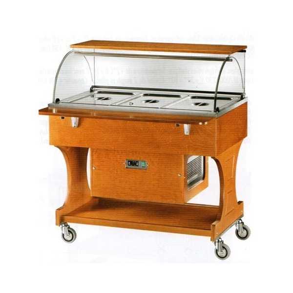 CHARIOT RÉFRIGÉRÉ EN BOIS AVEC DÔME EN PLEXIGLAS ET ÉTAGÈRE SUPÉRIEURE - CAPACITÉ : 3 BAC GN 1/1 - L.148 x P.90 x H.126 cm