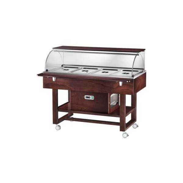 CARRELLO REFRIGERATO IN LEGNO CON CUPOLA IN PLEXIGLASS E RIPIANO SUPERIORE - CAPACITA\' : 4 VASCHE GN 1/1 - L.111 x P.90 x H.126 cm