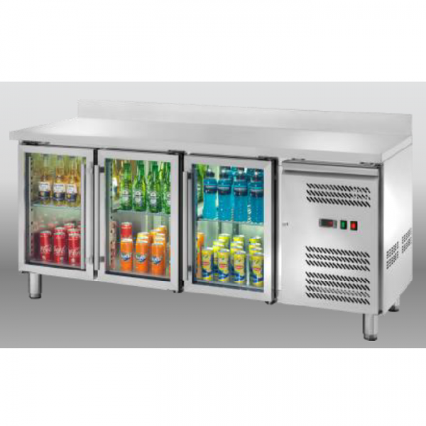 BANCO REFRIGERATO A TRE PORTE IN VETRO CON ALZATINA - TEMPERATURA -2 / +8 °C - L.179