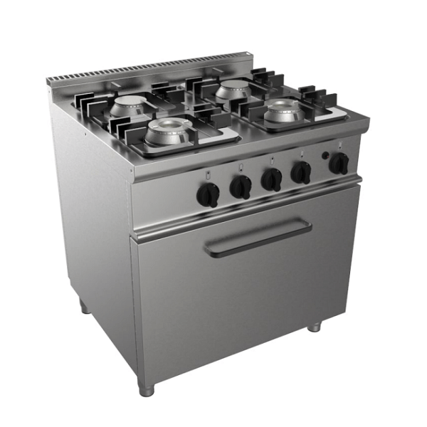 Cucina a gas 4 fuochi su forno a gas profondità 70 cm, potenza 32 kW