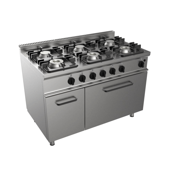 Cucina a gas 6 fuochi su forno a gas GN 2/1 profondità 70 cm, potenza 35 kW