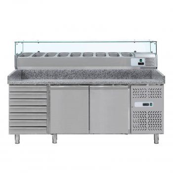 Comptoir à pizza réfrigéré 2 portes PB261VT avec tiroirs et présentoir à ingrédients | 202,5 x 80 x 143,5 cm