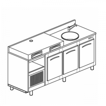 BANCO REFRIGERATO CON 3 VANI, PIANO MACCHINA CAFFÈ E LAVELLO - L.200 cm