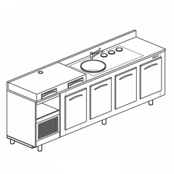 BANCO REFRIGERATO CON 4 VANI, PIANO MACCHINA CAFFÈ E LAVELLO - L.250 cm