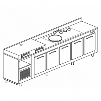 BANCO REFRIGERATO CON 5 VANI, PIANO MACCHINA CAFFÈ E LAVELLO - L.300 cm