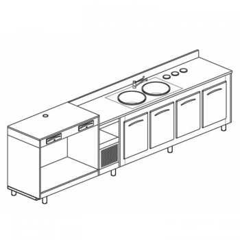 BANCO REFRIGERATO CON 4 VANI, PIANO MACCHINA CAFFÈ E LAVELLO - L.350 cm