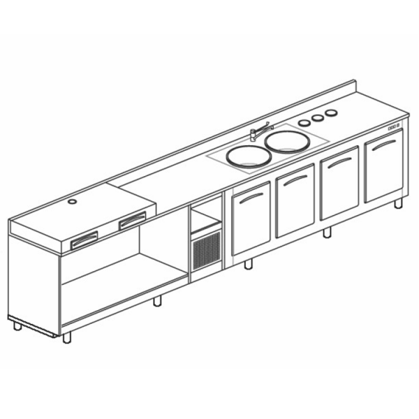 BANCO REFRIGERATO CON 4 VANI, PIANO MACCHINA CAFFÈ E LAVELLO - L.400 cm