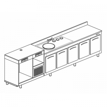 BANCO REFRIGERATO CON 5 VANI, PIANO MACCHINA CAFFÈ E LAVELLO - L.350 cm