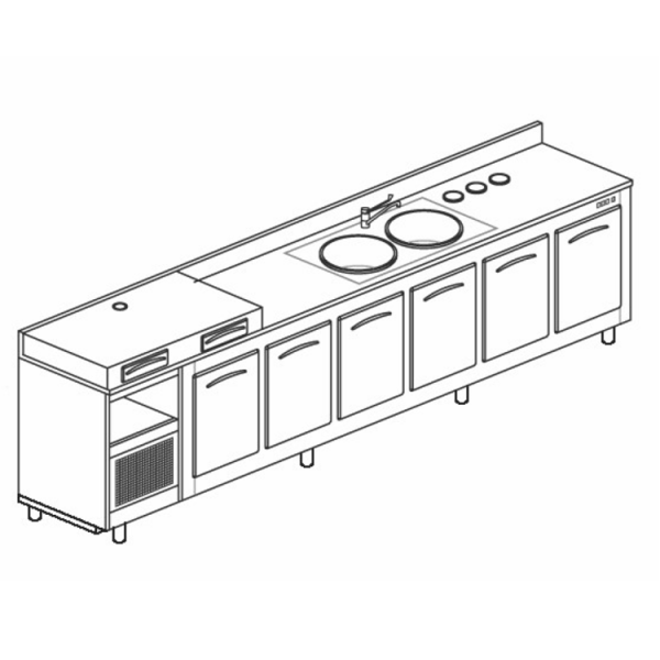 BANCO REFRIGERATO CON 6 VANI, PIANO MACCHINA CAFFÈ E LAVELLO - L.350 cm
