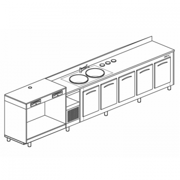 BANCO REFRIGERATO CON 5 VANI, PIANO MACCHINA CAFFÈ E LAVELLO - L.400 cm