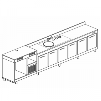 BANCO REFRIGERATO CON 6 VANI, PIANO MACCHINA CAFFÈ E LAVELLO - L.400 cm