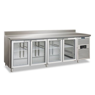 Tavolo refrigerato 4 porte in vetro con alzatina +2°/+8° C | 223 x 70 x 96 cm